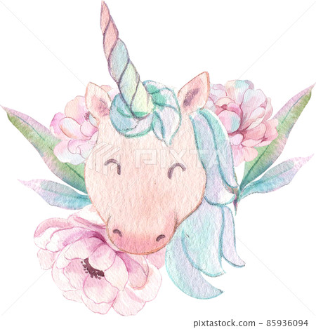 Cute watercolor unicorn and stars clipart. Nursery unicorns illustration. Princess unicorns poster. Trendy pink cartoon horse. 85936094