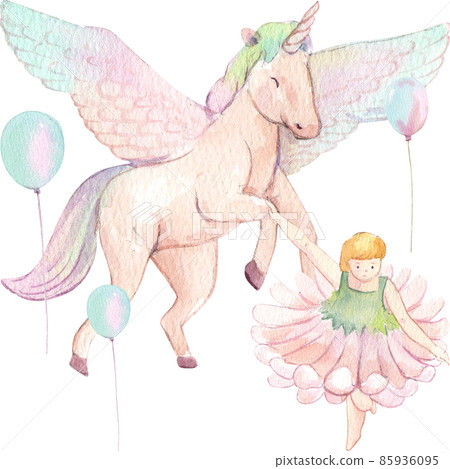 Cute watercolor unicorn and stars clipart. Nursery unicorns illustration. Princess unicorns poster. Trendy pink cartoon horse. 85936095
