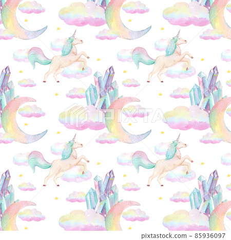 Pattern seamless cute watercolor unicorn and stars clipart. Nursery unicorns illustration. Princess unicorns poster. Trendy pink cartoon horse. 85936097