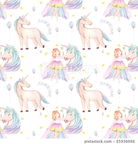 Pattern seamless cute watercolor unicorn and stars clipart. Nursery unicorns illustration. Princess unicorns poster. Trendy pink cartoon horse. 85936098