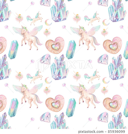 Pattern seamless cute watercolor unicorn and stars clipart. Nursery unicorns illustration. Princess unicorns poster. Trendy pink cartoon horse. 85936099