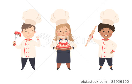 Children Chef in White Toque and Uniform Enjoying Culinary and Cookery Holding Cake and Rolling Pin Vector Set Children Chef in White Toque and Uniform Enjoying Culinary and Cookery Holding Cake and Rolling Pin Vector Set 85936100