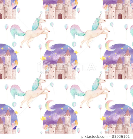 Pattern seamless cute watercolor unicorn and stars clipart. Nursery unicorns illustration. Princess unicorns poster. Trendy pink cartoon horse. 85936101