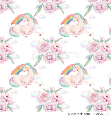 Pattern seamless cute watercolor unicorn and stars clipart. Nursery unicorns illustration. Princess unicorns poster. Trendy pink cartoon horse. 85936102