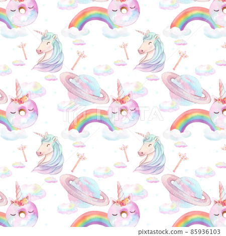 Pattern seamless cute watercolor unicorn and stars clipart. Nursery unicorns illustration. Princess unicorns poster. Trendy pink cartoon horse. 85936103