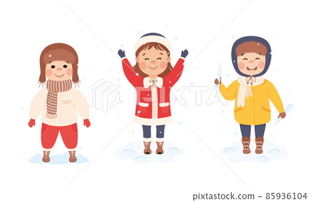 Excited Girl and Boy in Hat Playing Outdoor with Ice and Snow Falling Vector Set Excited Girl and Boy in Hat Playing Outdoor with Ice and Snow Falling Vector Set 85936104