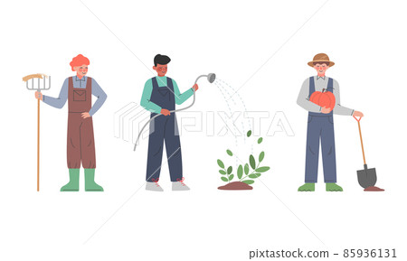 Male Farmer Working in Garden with Shovel and... - Stock Illustration ...