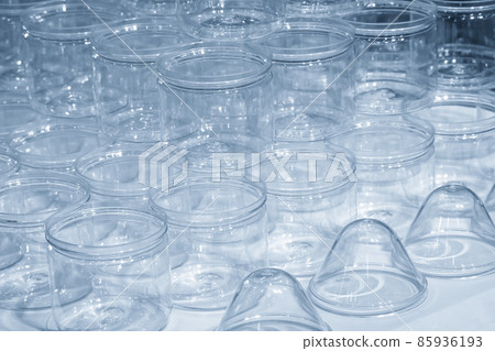 The group of transparent plastic container in the light blue scene. The group of transparent plastic container in the light blue scene. 85936193