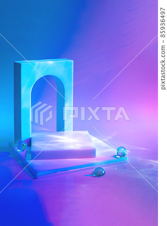 empty scene with podium and arch on neon background empty scene with podium and arch on neon background 85936497