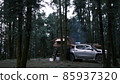 Happy hipster traveler people enjoying the alternative vacation - car with tent on the roof and alone man cooking in the forest. Adventure travel lifestyle wanderlust. Camping in the wilderness 85937320