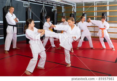 Kids working in pair, mastering kicks in karate class 85937981