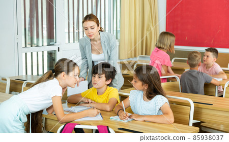 Preteen schoolchilds working in groups at lesson Preteen schoolchilds working in groups at lesson 85938037