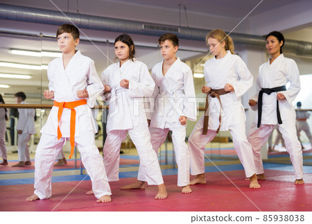 Team of motivated teenagers are engaged in karate in gym Team of motivated teenagers are engaged in karate in gym 85938038