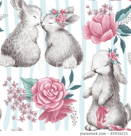 Watercolor hand drawn holiday seamless pattern with cute little bunny animals couple and floral bouquets isolated. For Valentine day card, invitation, love print, gift packaging design. Watercolor hand drawn holiday seamless pattern with cute little bunny animals couple and floral bouquets isolated. For Valentine day card, invitation, love print, gift packaging design. 85938221