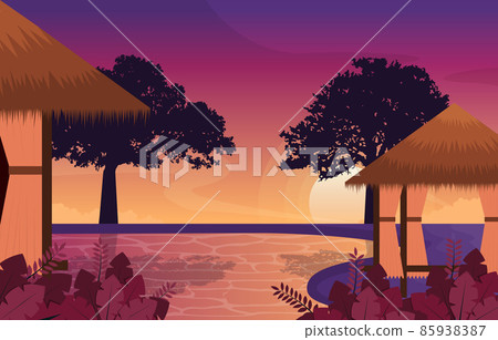Beautiful Sunset Resort Hut Swimming Pool Bali Landscape View Illustration Beautiful Sunset Resort Hut Swimming Pool Bali Landscape View Illustration 85938387