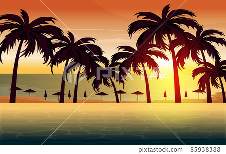 Beautiful Sunset Palm Coconut Bali Beach Vacation Landscape View Illustration Beautiful Sunset Palm Coconut Bali Beach Vacation Landscape View Illustration 85938388