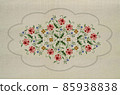 Embroidery ornament of twigs with flowers of pink-red roses with poppies and blue flowers with a wavy oval gray frame on a background of beige fabric. 85938838