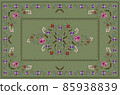 Tablecloth framed with violets and roses in the corners and bouquets with roses, violets, poppies with white and blue flowers in the center on a greenish background 85938839
