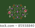Pattern with an oval pattern for embroidery of bouquets with red-pink, roses, white flowers on a branch, violets and twigs with poppies on a dark green background 85938840