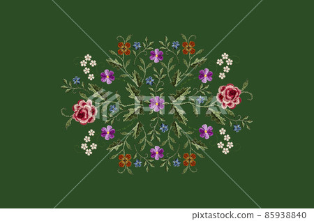 Pattern with an oval pattern for embroidery of bouquets with red-pink, roses, white flowers on a branch, violets and twigs with poppies on a dark green background 85938840