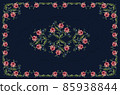 Embroidery of a blue tablecloth of bouquets and twigs with pink-red roses, violets and a wavy frame with a pattern of roses in the center 85938844