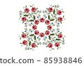 Pattern for embroidery of a square of bouquets of red-pink roses with leaves, delicate violets and a rim of roses on white background. 85938846