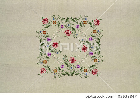 Square napkin of bouquets with red-pink roses and leaves, delicate violets and white flowers on a beige fabric background. Square napkin of bouquets with red-pink roses and leaves, delicate violets and white flowers on a beige fabric background. 85938847