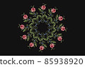 Embroidery of a round frame of twigs with red-pink roses flowers with leaves and a rim of delicate violets on twigs with leaves on a black background 85938920
