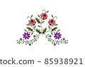 Delicate bouquet with sprigs of red-pink roses and bright purple clementine flowers on a white background. 85938921