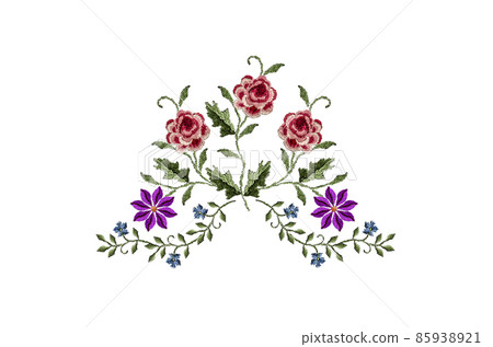 Delicate bouquet with sprigs of red-pink roses and bright purple clementine flowers on a white background. 85938921