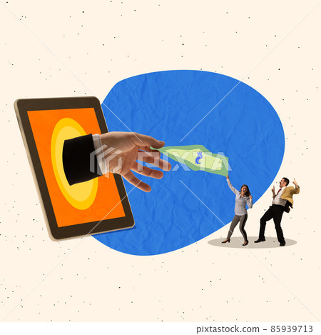 Contemporary art collage. Giant hand sticking out tablet screen giving money to happy woman and man 85939713
