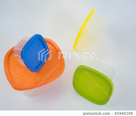 Set of plastic food containers on white background. 85940199