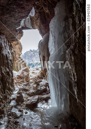 Dolomites Alp Mountains from a cave place, Tre Cime di Lavaredo National Park, Dolomites, Italy 85940568