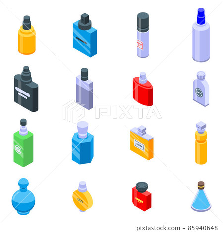 Fragrance bottles icons set, isometric style Fragrance bottles icons set, isometric style 85940648