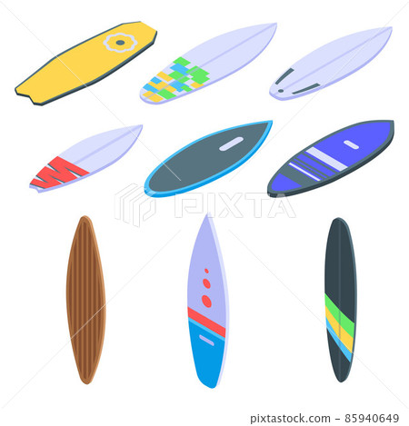 Surfboard icons set, isometric style Surfboard icons set, isometric style 85940649