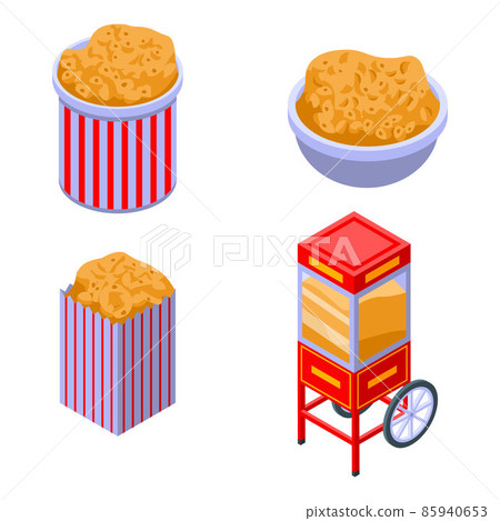 Popcorn icons set, isometric style Popcorn icons set, isometric style 85940653