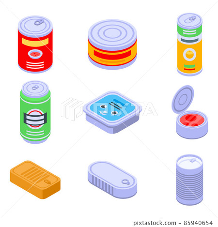Tin can icons set, isometric style Tin can icons set, isometric style 85940654