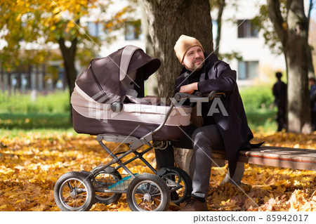Happy young father with pram during the walk in nature 85942017