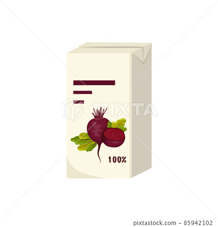 Square pack of juice from red beetroot with leaves. Sweet healthy drink, tasty liquid. Vector flat illustration Square pack of juice from red beetroot with leaves. Sweet healthy drink, tasty liquid. Vector flat illustration 85942102