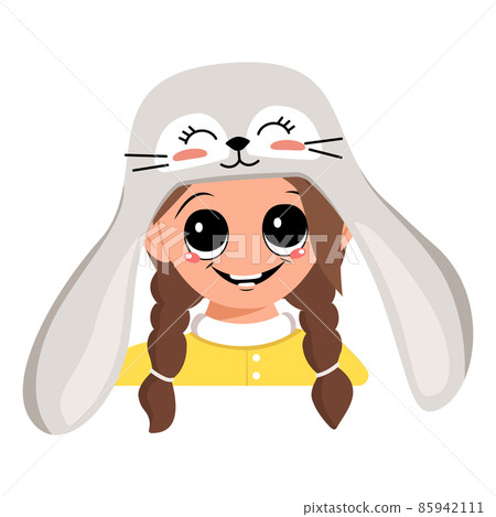 Avatar of girl with big eyes and wide happy smile in cute rabbit hat with long ears. Head of child with joyful face for holiday Easter, New Year or carnival costume for party. Vector flat illustration 85942111
