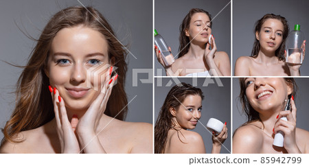 Preset with closeup portraits of young female fashion model with well-kept skin isolated on grey studio background. Preset with closeup portraits of young female fashion model with well-kept skin isolated on grey studio background. 85942799