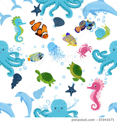 Sea inhabitants seamless pattern, beautiful character among seashells, seaweed, starfish, sea animals wildlife nature. 85943075