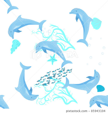 Dolphin, sea inhabitants seamless pattern, beautiful character among seashells, algae, starfish, marine wildlife. 85943104
