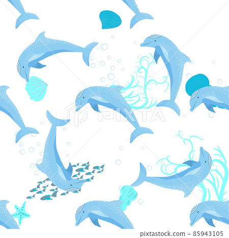 Dolphin, sea inhabitants seamless pattern, beautiful character among seashells, algae, starfish, marine wildlife. 85943105