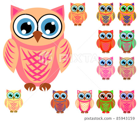 Large set of cute multicolored cartoon owls for children, different designs, trendy coral color included 85943159
