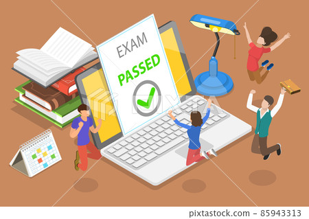 3D Isometric Flat Vector Conceptual Illustration of Passed Online Exam 85943313
