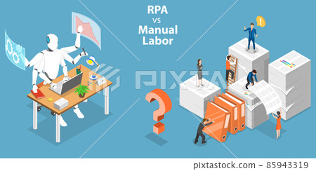 3D Isometric Flat Vector Conceptual Illustration of RPA vs Manual Labor 3D Isometric Flat Vector Conceptual Illustration of RPA vs Manual Labor 85943319