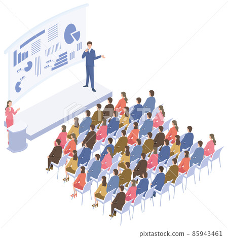 Isometric illustration of a man holding a business seminar with a female moderator 85943461