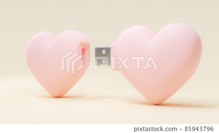 Flash drive pink heart shape Sending love information. transfer data love and relationship concept. 3D Render. Flash drive pink heart shape Sending love information. transfer data love and relationship concept. 3D Render. 85943796
