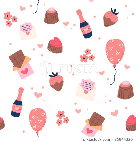 Valentine s day pattern with cute baloons, strawberry, love letters. Hand drawn vector illustration 85944320